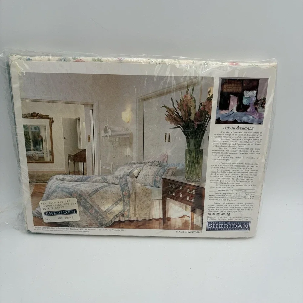 Vintage Sheridan Cordella Queen Flat Sheet Blue Cream Floral Cottagecore NIP